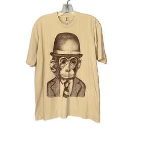 Graphic Short Sleeve Tee with Bowler Hat Monkey Print - Beige